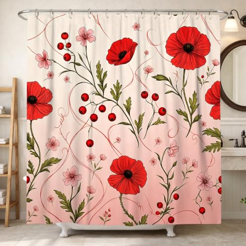 Rideau de douche lavable avec crochets pour maison, salle de bain, hôtel, motif coquelicot, baies romantiques, feuilles printanières, rouge, 157 x 183 cm
