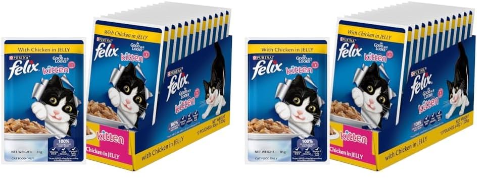 Felix As Good As It Looks Wet Food for Kittens|Complete and Balanced Kitten Food |Chicken Flavour|Pack of 24 Pouches (12 x 85 g)