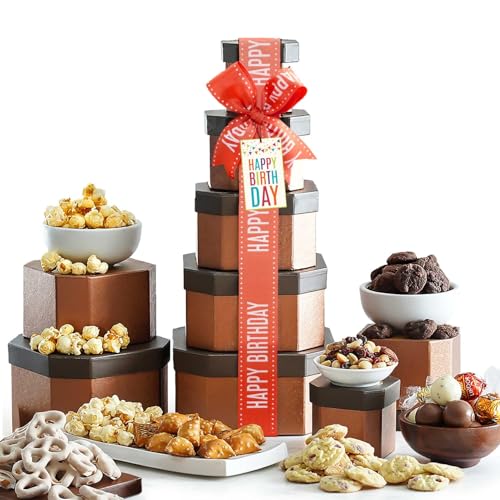 Birthday Gift Basket Tower for Women, Him, Gourmet Snacks & Sweets Food Gifts, Treat Box with Cookies, Delicious Treats, Candy Surprise by Broadway Basketeers