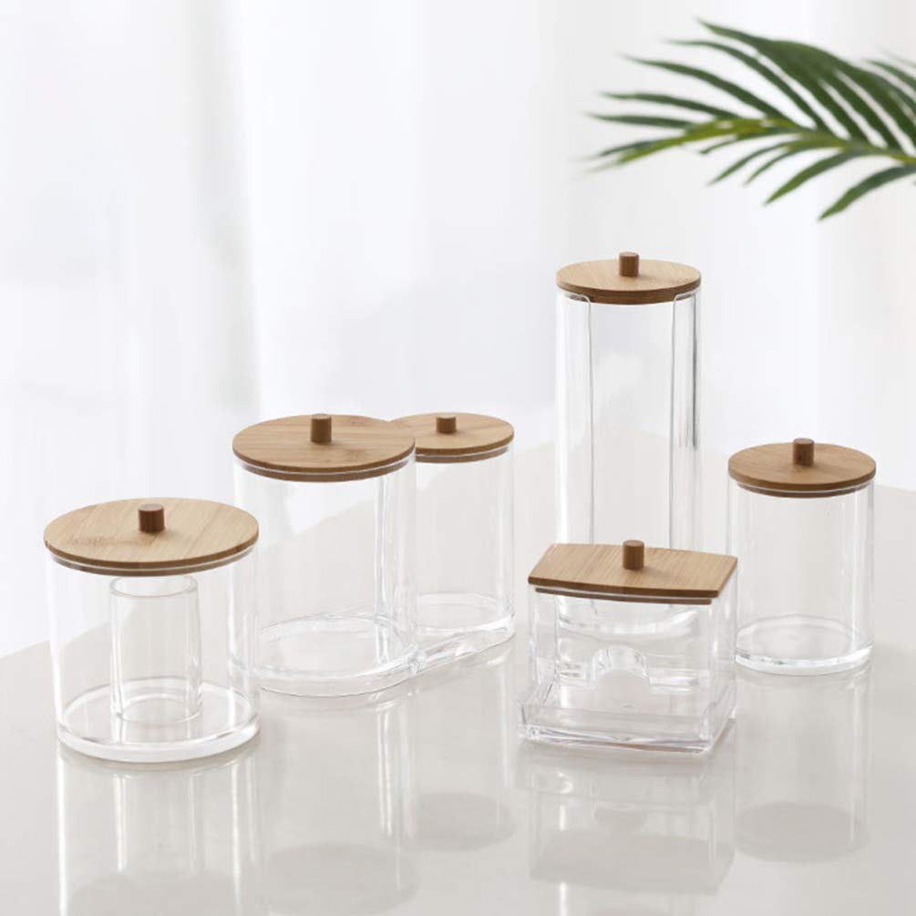 TOPBATHY Cotton Storage Box with Bamboo Lid Clear Acrylic Makeup Organiser for Cotton Swabs Pads and Pens 9.5Cm X 9.5Cm X 8.8Cm - Image 2