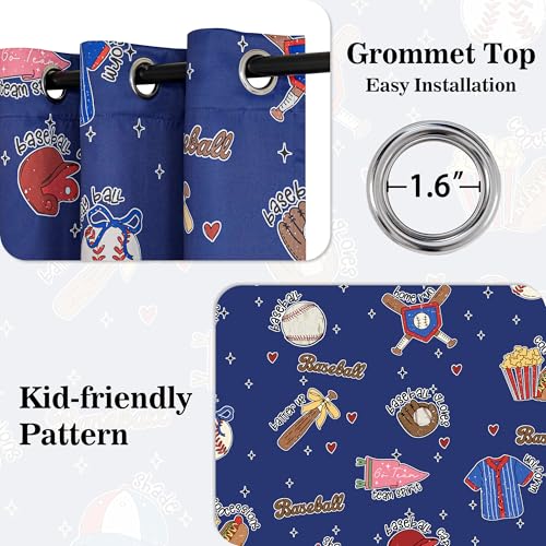 Image of MYSKY HOME Navy Blue Blackout Curtains 84 Inch Long 95% Light Blocking Thermal Insulated Grommet Window Curtains with Baseball-Related Patterns for Boys Kids Nursery Bedroom Playroom, W52, 2 Panels