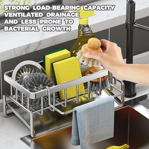 JJIW Sink Caddy, Kitchen Sink Organiser with Hook (Punch-Free Installation), Kitchen Accessories - Stainless Steel Dishcloth Sponge Holder for Kitchen Storage & Organisation(Black) - Image 3