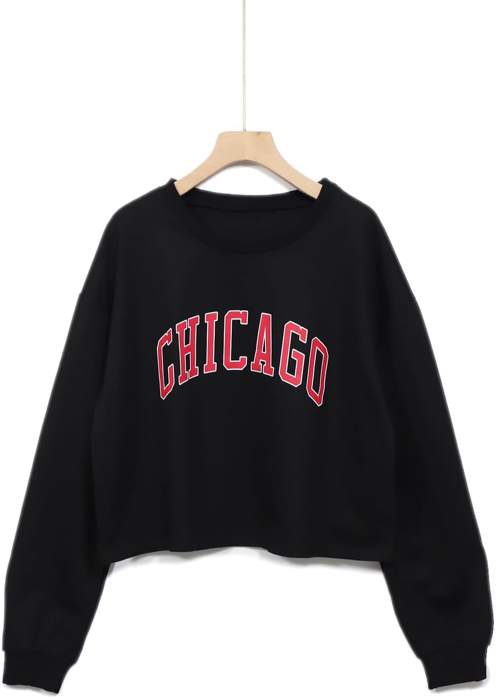 Sumtory Women Long Sleeve Crew Neck Sweat Shirts Loose Fit Letter Print Pullovers Crop Tee Tops Chicago Black M - Image 2
