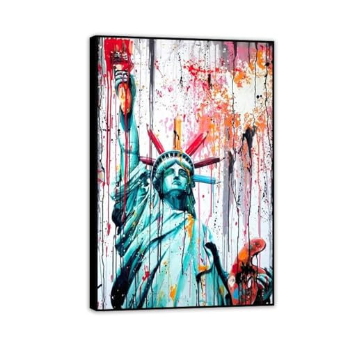 Tableau moderne Statue de la Liberté graffiti avec ampoule créative et cadre noir