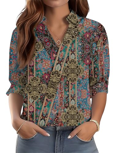Image of LOMON 3 /4 Length Sleeve Womens Tops Dressy V Neck Collared Shirts Trendy Business Casual Work Blouses Vacation Outfits 2026