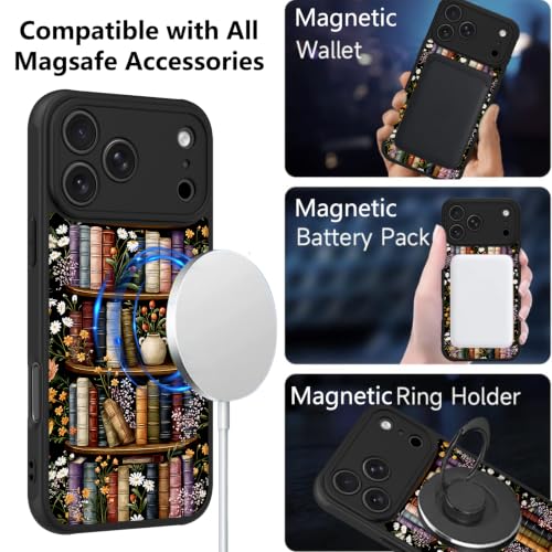 Image of KANGHAR Case for iPhone 17 Pro Max Bookshelf Floral Black | [Compatible with for Magsafe] Cute Vintage Flowers Protective Magnetic Case for Girls Women