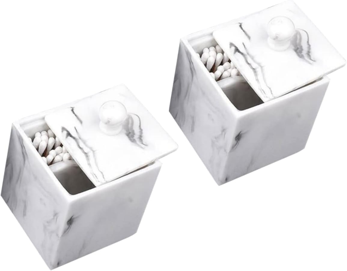 2pcs Marble Cotton Swabs Holder and Makeup Cotton Pads Organizer Double Grids Resin Storage Box for Bathroom Dresser and Office Lid White