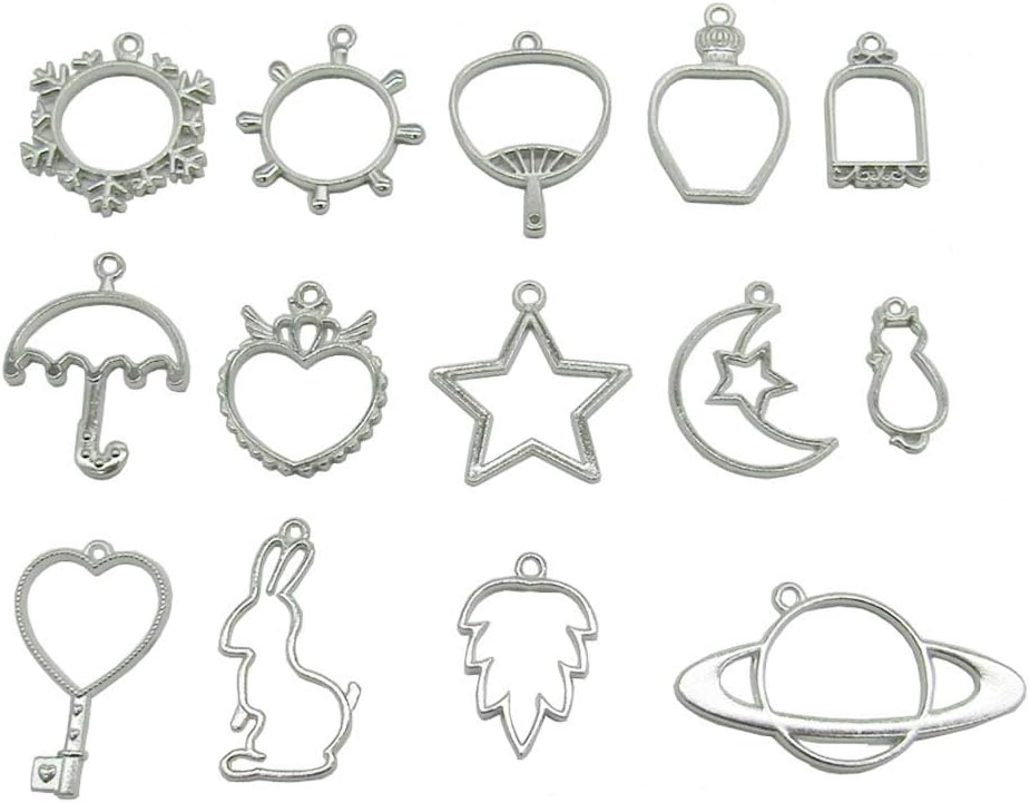 14 Pcs Silver Bezel Charms Pendants Open Back Bezel Pendant with 1 Loop for UV Resin for Jewelry Making