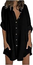 Keepink Womens Tops Oversized Cotton Linen Button Up Shirts Summer Casual Blouse Roll-Up Sleeve Tops Extra Long Top with Pockets Hawaii Beach Cover Up Ladies Clothes