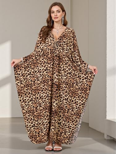 Image of IMAGEKOPE Women's Plus Size Animal Print V-Neck Batwing Kaftan Beach Dress Bathing Suit Cover-Up Loungewear