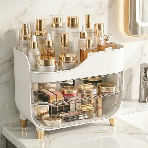 Asdbko Makeup Organizer for Vanity with Large Smooth Drawers Extra Large Skincare Organizer for Bathroom Countertop and Dresser, Crystal Clear Cosmetic Storage Display Case for Beauty Products