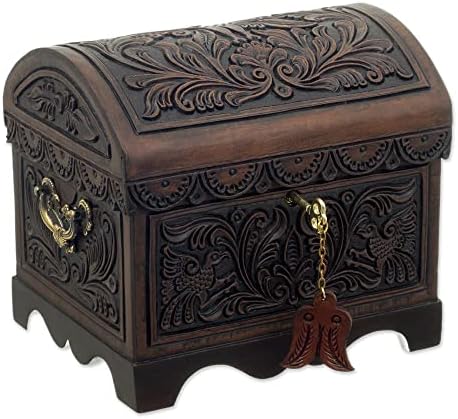 NOVICA Brown Bird Theme Treasure Chest Tooled Leather and Wood Decorative Box, Andean Flight'