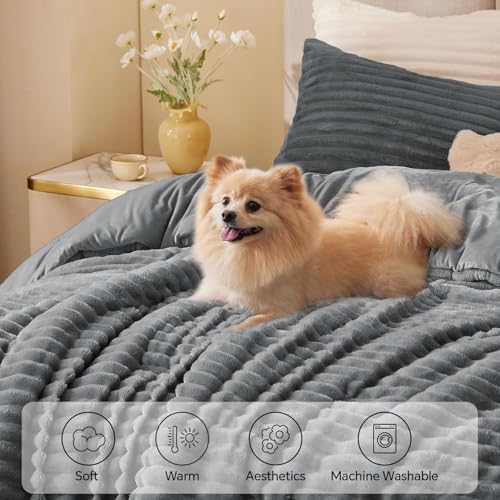 Image of BEDELITE Fleece Oversized Queen Comforter Set -Super Soft & Warm Fluffy Grey Bedding, Luxury Fuzzy Heavy Bed Set for All Season with 2 Pillow Cases