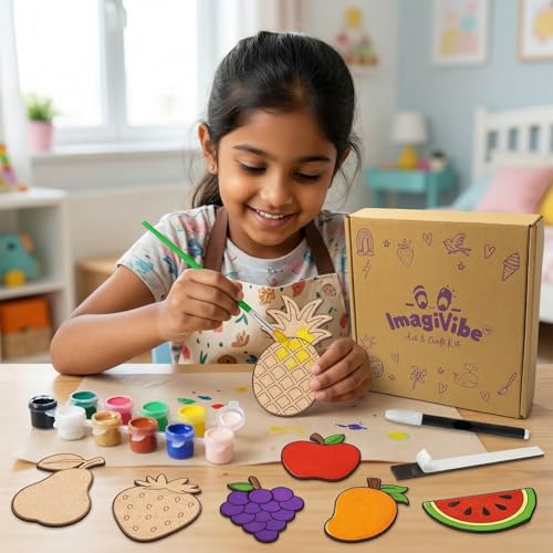 Image of ImagiVibe Paint Your Own Fruits Fridge Magnet Kit for Kids | 9 MDF Cut-Outs DIY Painting Activity with Colours & Brush | Creative Screen-Free Art & Craft Kit | Made in India (Fruits)