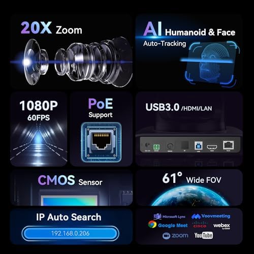 Tenveo HDMI/USB3.0/LAN(PoE) PTZ Camera AI Humanoid & Face Auto-Tracking, 20X Optical Zoom PTZ Camera IP Live Streaming, FHD 1080P 60FPS, for Church Services Worship Video Conference Live Streaming - 1