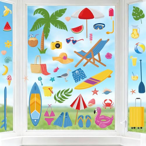 Summer Window Clings for Glass Windows - 50PCS Reusable Static Double-Sided Window Decals Colorful Tropical Beach Stickers for Home Bathroom Kitchen Party Summer Decorations