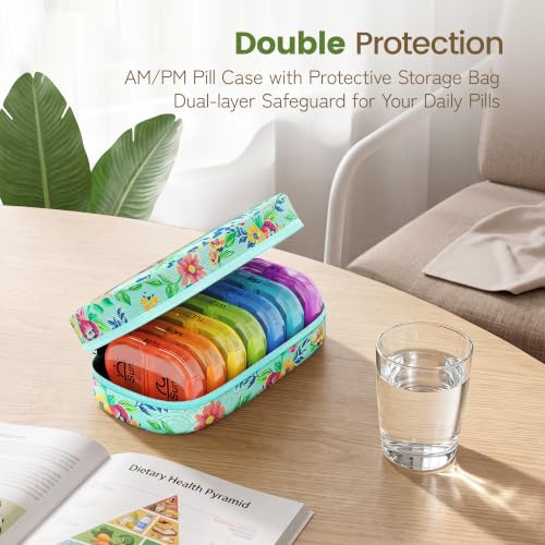 Image of Serfeymi Weekly Travel Pill Organizer 2 Times a Day AM PM Rainbow Pill Box