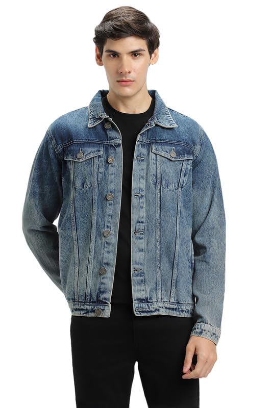 Men's Indigo Washed Cotton Denim Jacket, Regular Fit Long Sleeves Regular Collar-image-10