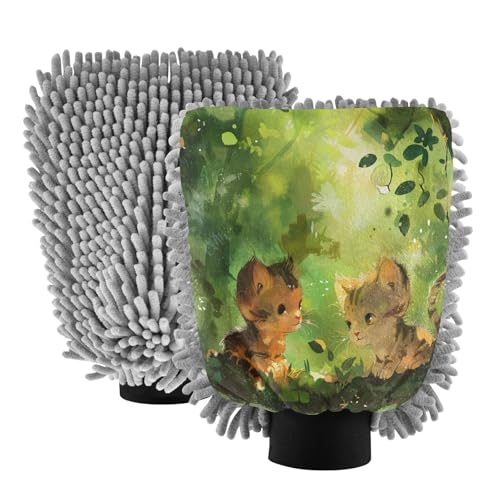 ALAZA Cat Kitten Forest Car Wash Mitt Scratch Free, 2 Pack Absorbent Microfiber/Chenille Washing & Drying Mitts, L