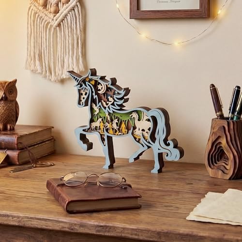 Image of 3D Wooden Unicorn Decor - Multi-Layer Carved Enchanted Forest & Castle Animal Figurine, Fantasy Room Decor & Nursery Wall Art, Unique Mythical Creature Gifts for Girls, Kids and Women