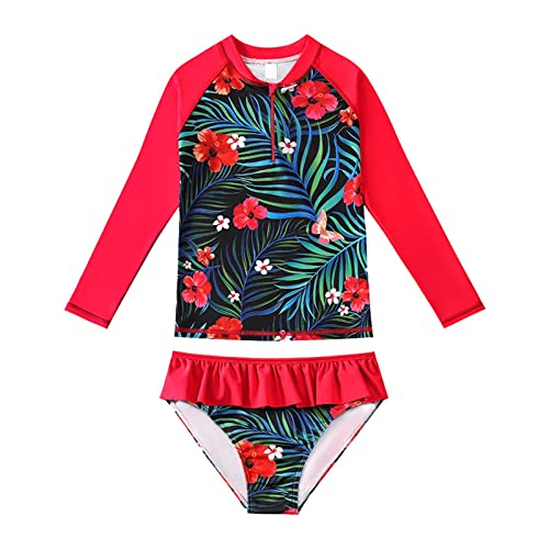 Girls Swimsuit Kids Girls Hawaii Ruffles Long Sleeve Zip Up Rash Guard Swimsuit Two Bikini Set Long Toddler Guard Suit