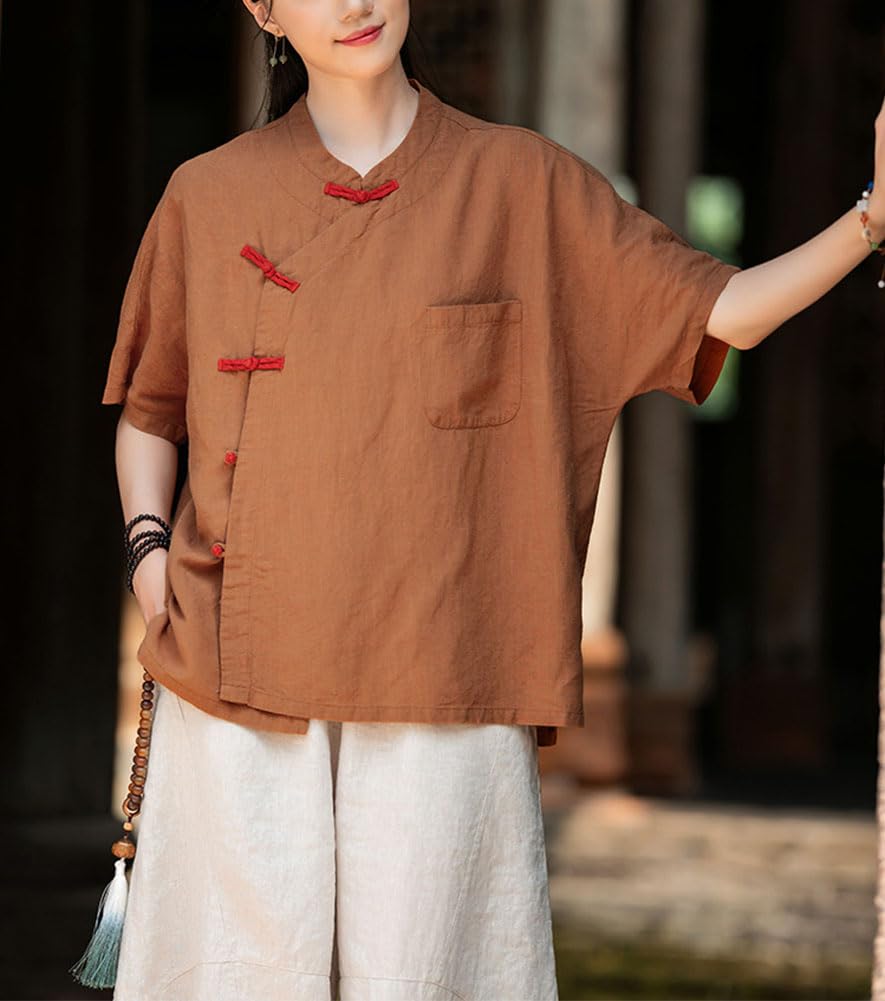 Camicia cinese da donna con colletto alto, bottoni a rana, maniche corte, camicetta zen con tasca