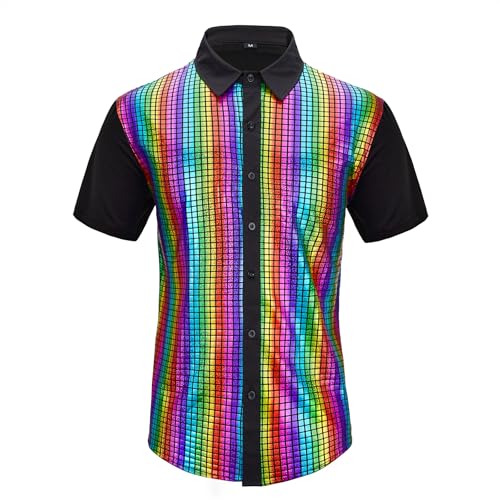 Image of Zando Men's Sequin 70s 80s Disco Shirt - Retro Short Sleeve Button Up Costume Halloween New Year Party Outfit Top & Clubwear