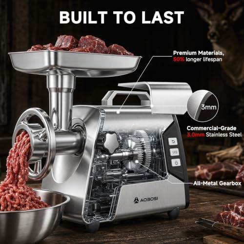 Image of AAOBOSI #12 Meat Grinder Heavy Duty, 3000W Electric Meat Grinder for Hunting with All-Metal Gearbox & Reverse Function, Built-in Storage Box, All-Stainless Body for Deer Wild Game Processing