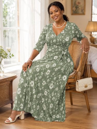 Image of SUZONANA Plus Size Dresses for Women Floral Print Maxi Dress Flowy 3 /4 Sleeve with Belt