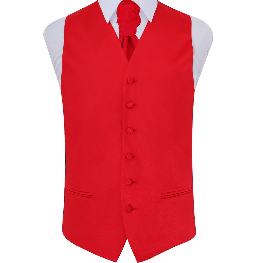 Dqt Men's Red Plain Satin Waistcoat & Pre-Tied Scrunchie Cravat Set (2Pc) - Wedding, Business & Formal - 38" (M)