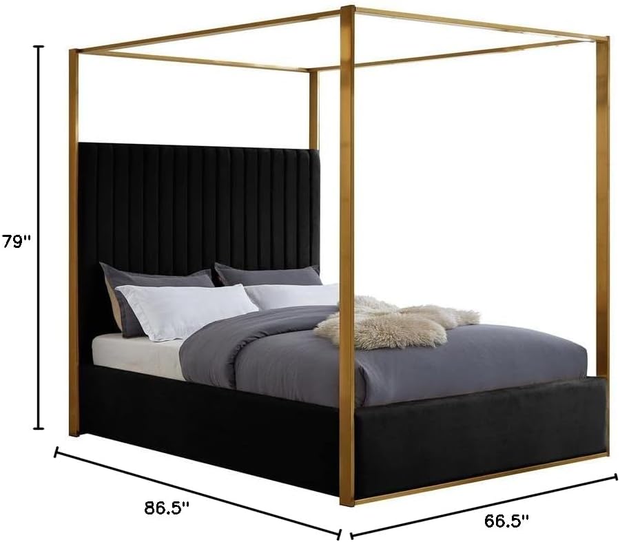 Meridian Furniture JonesBlack-Q Jones Collection Modern | Contemporary Upholstered Queen Bed, Black Velvet, Channel Tufting, Brushed Brass Frame, 66.5" W x 86.5" D x 79" H, Black, Queen