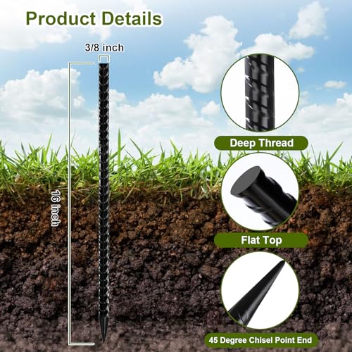 Image of Eurmax USA 16-Pack 16 Inch Rust-Proof Steel Canopy Anchors for High Winds, Heavy Duty Rebar Stakes, Chisel Point Metal Ground Stakes for Camping,Garden,Concrete Forming,Underground Anchoring
