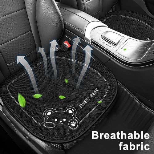 Auto Sitzauflagen aus Reinem Leinen, 50 x 50cm Sitzauflagen Vordersitze, Autositz Auflage mit Cartoon-Bären, Stilvolle Sitzkissen Auto Vordersitze, Anti Rutsch Sitzkissen für Autositz, SUV (Schwarz)