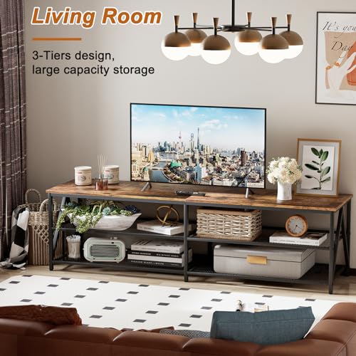 Image of 70 inch TV Stand for TVs up to 75 Inch with 3-Tier Storage Shelves | Brown Modern 70 inch Long Industrial TV Console Table, Entertainment Center for Living Room, Bedroom