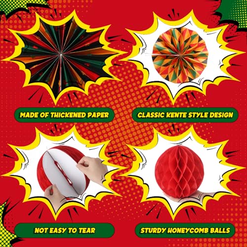 Image of Outus 21 Pcs Juneteenth Decorations Hanging Paper Fans Juneteenth Tissue Paper Poms Red Green Yellow Classroom Garland Ceiling Decor for Kente African American Party Supplies
