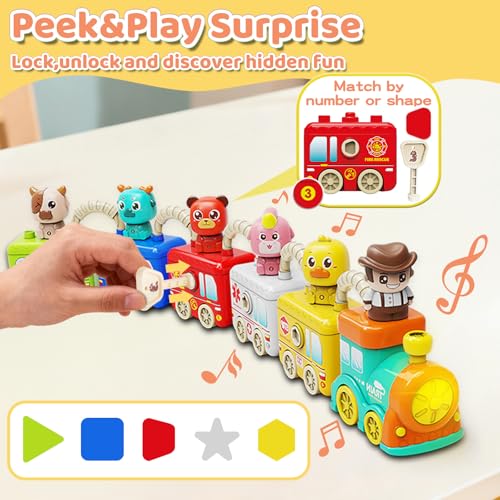 Image of Montessori Train Toys for 2 3 4 Year Olds - Toddler Learning Train Set with Lights & Sounds, 6 Vehicle Transport, Lock & Key Activity, Farm Animal Finger Puppets, Easter Birthday Gift for Boys Girls