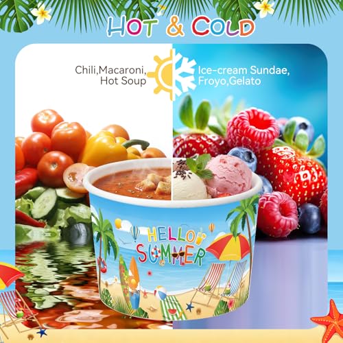 Image of Funnymoom 50 Pack Hello Summer Ice Cream Cups 9 oz Beach Disposable Dessert Bowls Paper Soup Bowl Summer Beach Pool Snack Cup for Hot or Cold Food for Summery Hawaiian Tropical Birthday Party Supplies