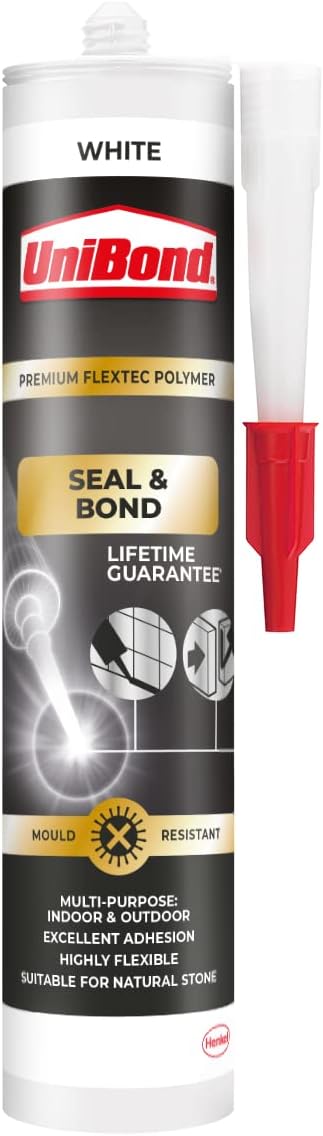 UniBond Seal & Bond Multi-Purpose Mould-Resistant Waterproof Sealant for Kitchen and Bathroom, White, 1 x 389g Cartridge