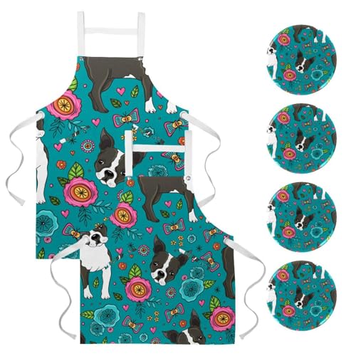 Lot de 2 tabliers de cuisine Boston Terrier et fleurs pour la maison