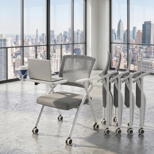 Image of Folding Training Chairs with Desk Attached, Office Meeting Chair with Writing Tablet & Cup Holder, Space-Saving Nesting Stackable Chairs with wheel for Conference Room,Seminar, Classroom Chair,Gray∰wh