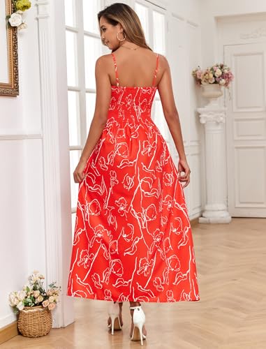 Image of Aigeman Women Detachable Strap Dress Strapless Smocked Bodice Maxi Dress Pockets Long Swing Flowy Beach Sundress 373