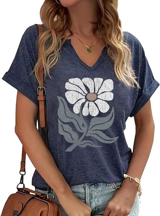 PUCKOLITY Vintage Flowers V Neck Shirt for Women Boho Floral Wildflowers Graphic Tee Casual Cottagecore Summer T Shirt