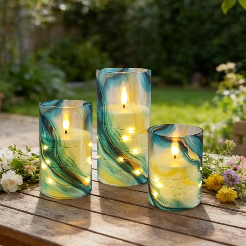 Image of Flickering Flameless Candles, Recessed String Light LED Candles 3D Wick Acrylic Battery Operated LED Pillar Candles with Remote and Timer for Modern Simple Home Decor Set of 3(Marble Printed)