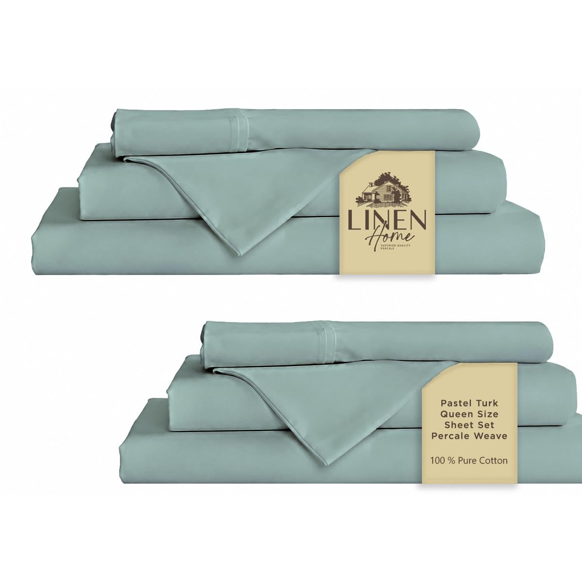 Linen Home 2-Pack Queen Sheet Set, 100% Cotton Percale Bedding, 8-Piece Value Bundle, Deep Pocket Cooling Bed Sheets for Hot Sleepers, Breathable &amp; Crisp Hotel Quality, Long-Staple Cotton, Pastel Turk