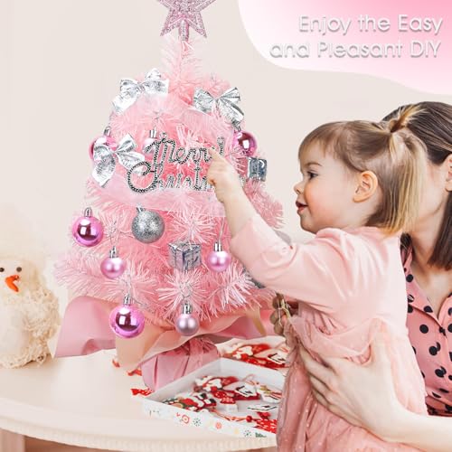 Mini árvore de Natal de mesa rosa de 61 cm/0,6 m com topo de estrela, ornamentos, bolas