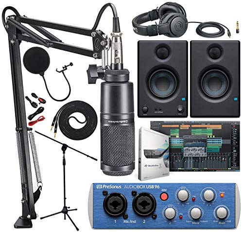 Audio Technica AT2020PK Studio Microphone with ATH-M20x, Boom - XLR Cable Streaming/Podcasting Pack and PreSonus AudioBox USB 96 Audio Interface with Eris 3.5 Pair Studio Monitors