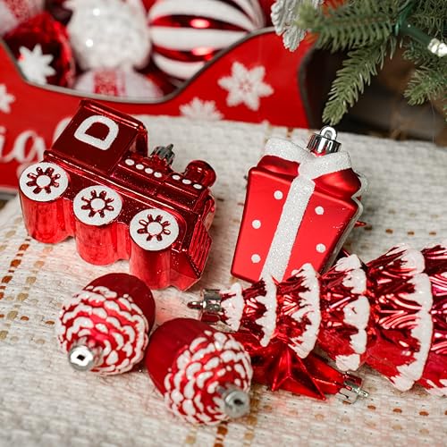 Alupssuc 82PCs Weihnachtskugeln, Bruchsicher Rot Weiß Christbaumkugeln – Ansicht 5