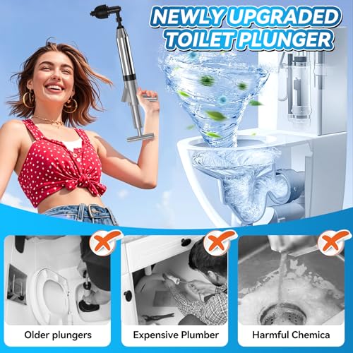 Image of Toilet Plunger, Upgraded High Pressure Toilet Plunger Air Plungers Sink Plunger with Visual Barometer, Stainless Steel Air Drain Blaster, Powerful Drain Clog Remover for Bathroom,Kitchen,Clogged Pipe