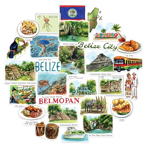 Navy Peony Autocollants de Voyage Brise de Belize (28 pièces) – Aquarelle, Caraïbes, Belmopan, Décorations à thème Bélizien pour Journaux, Scrapbooks, Bagages