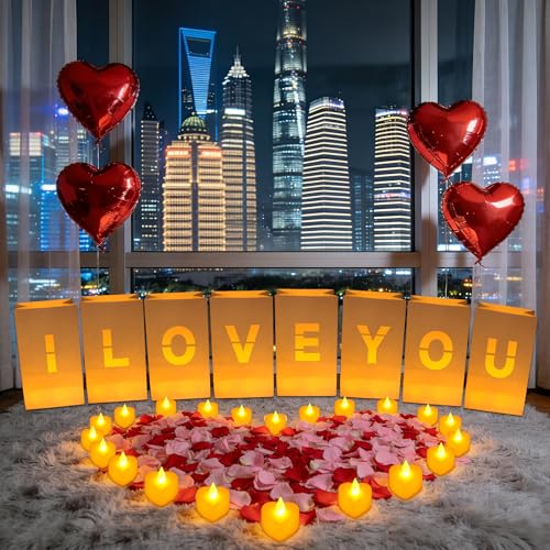 Image of LACGO Valentines Decorations,I Love You Sign,Light Up Letters with 8pcs Luminary Bags,24pcs Tea Lights,1000pcs Red&Pink Rose Petals,I Love You Banner,Surprise Set for Women and Men